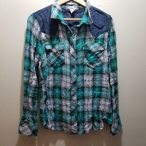 Levi's Western Pearl Snap Button Up Navy Blue Plaid Shirt Women's XL Denim White